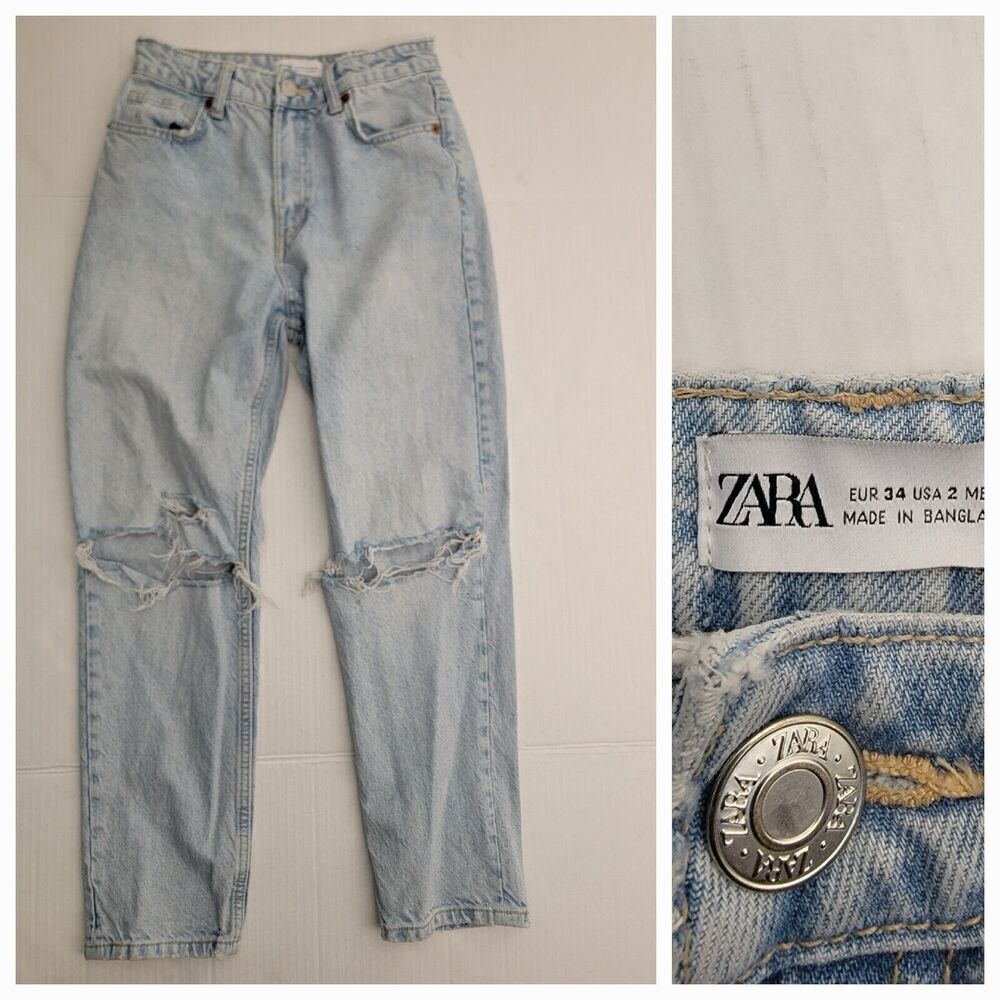 Zara Jeans Womens SZ 2 Slim Straight High Rise Distressed Rigid Light Wash